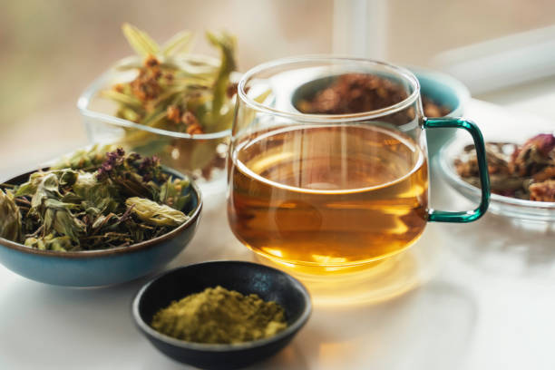 Fresh British herbs arranged for herbal tea preparation